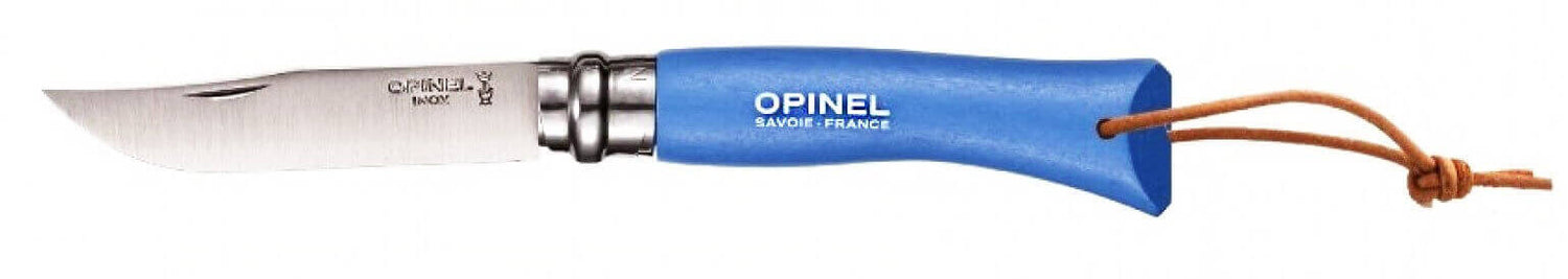Couteau opinel Acidulé n°07 lame 8cm virole tournante manche azur + cordon