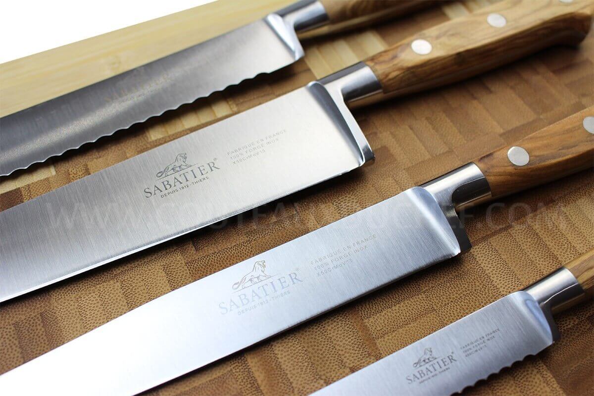 Bloc SABATIER Provençao en olivier laqué blanc 5 couteaux forgés acier inox