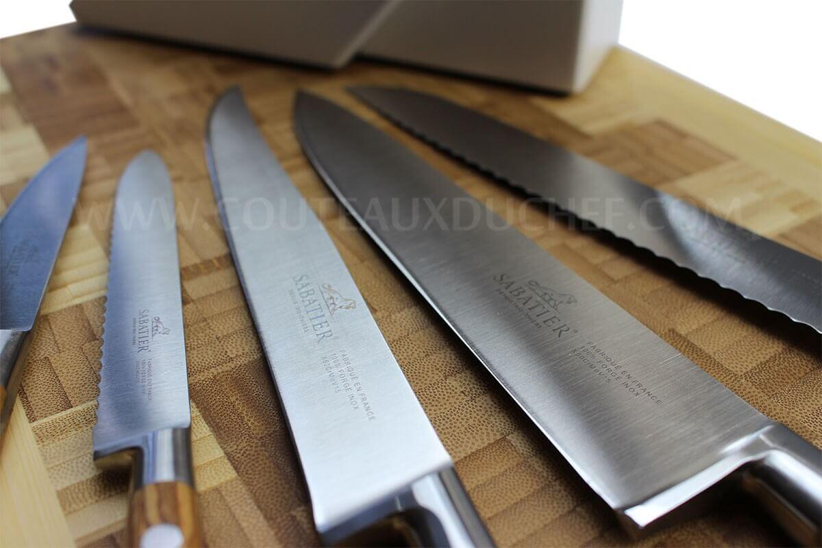 Bloc SABATIER Provençao en olivier laqué blanc 5 couteaux forgés acier inox