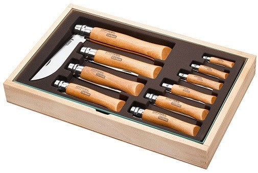 Coffret vitrine en bois Opinel Carbone 10 couteaux de poche manche hêtre