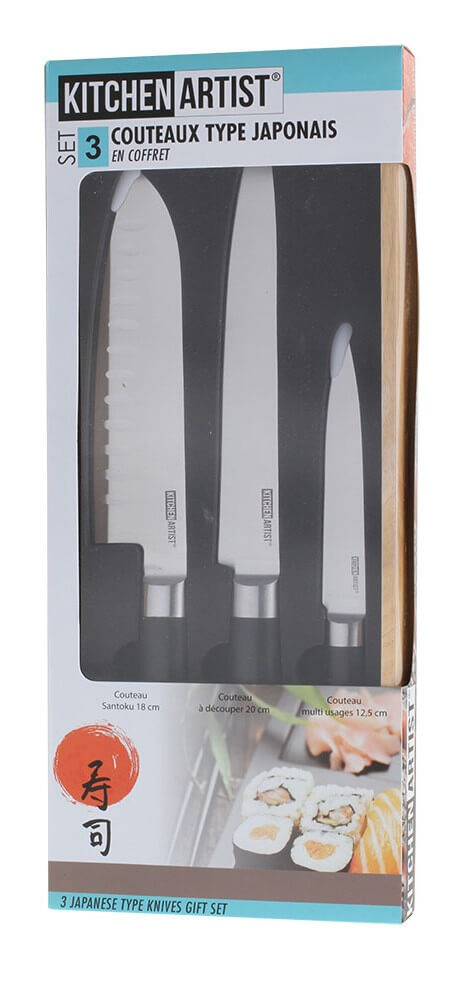 Coffret de 3 couteaux type japonais Kitchen Artist design authentique