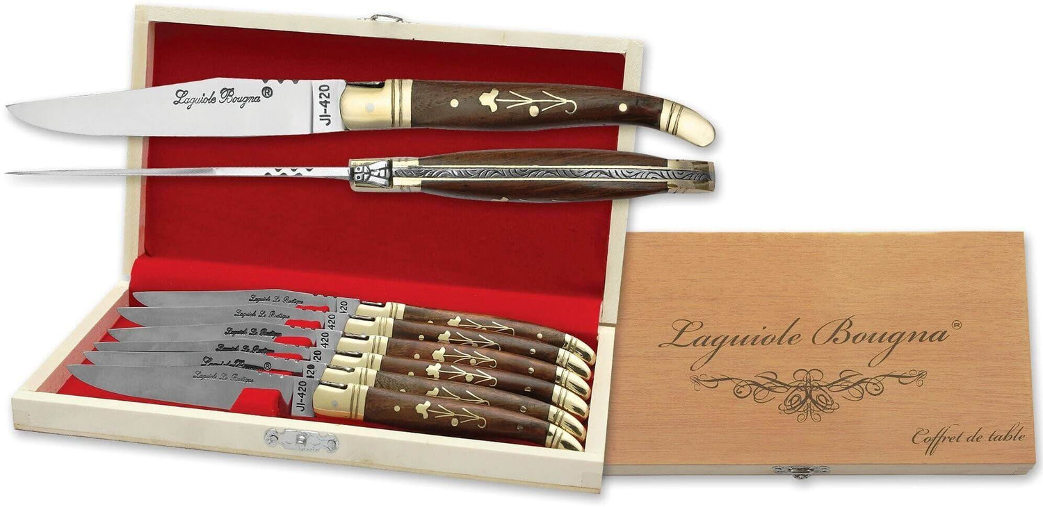 Coffret cadeau de 6 couteaux de table Laguiole Bougna manches palissandre - mitres laiton