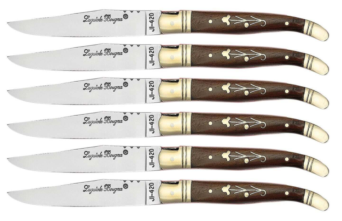 Coffret cadeau de 6 couteaux de table Laguiole Bougna manches palissandre - mitres laiton