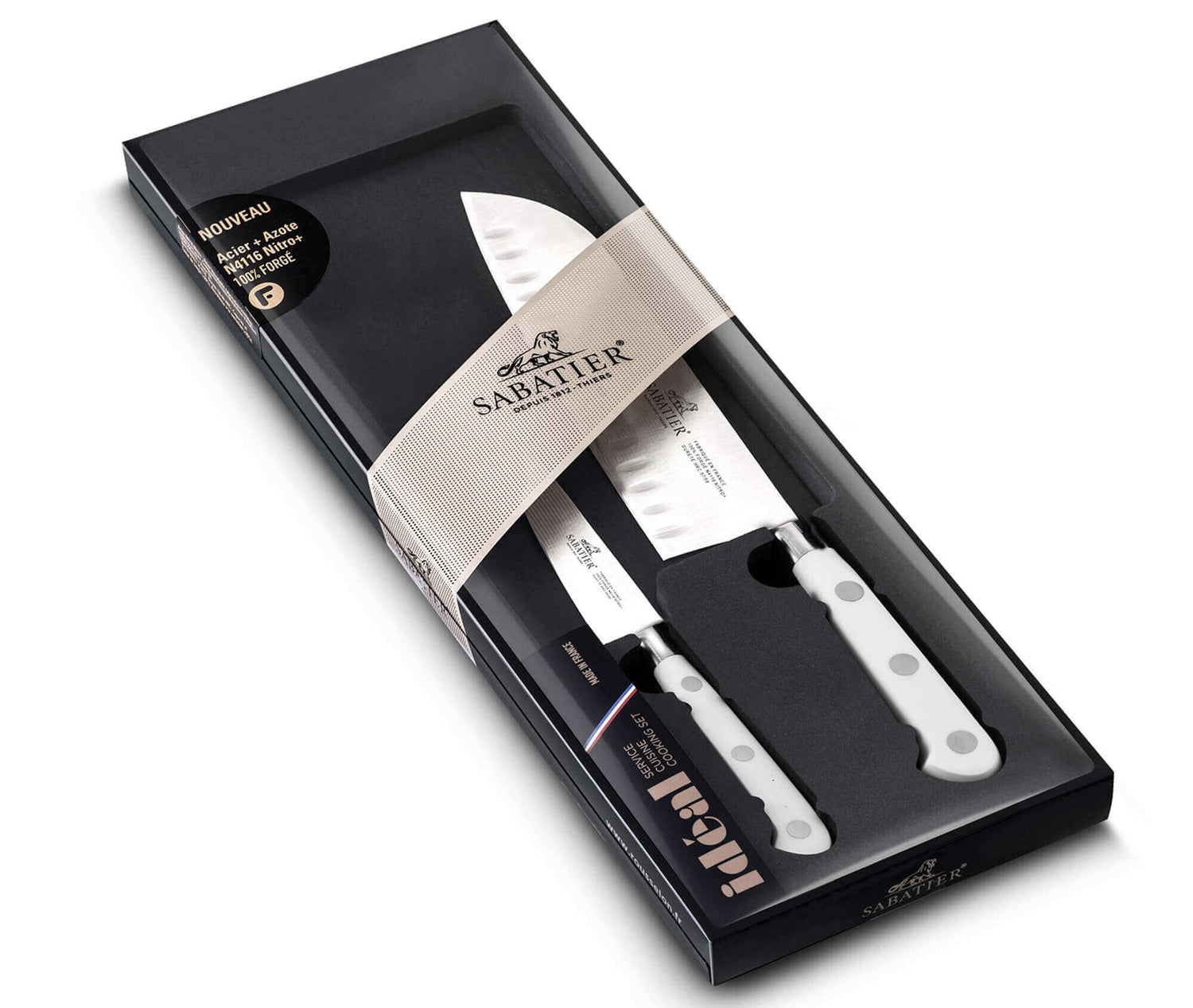 Coffret 2 couteaux Sabatier Toque blanche 100% forgé office + santoku