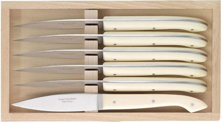 Coffret 6 couteaux à steak C. DOZORME Capucin lames lisses manches crèmes