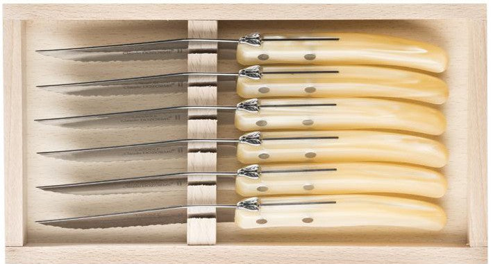Coffret 6 couteaux à steak Laguiole C. DOZORME lames dentelées manches jaunes nacrés