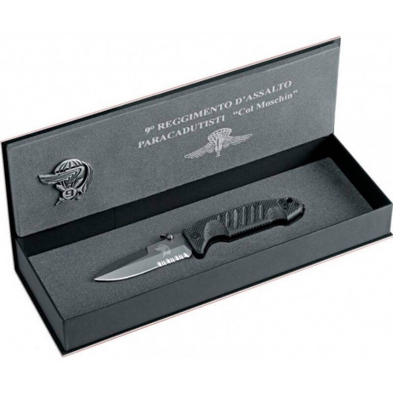 Couteau pliant FOX military Col Moschin à dents manche G10 11cm - Coffret