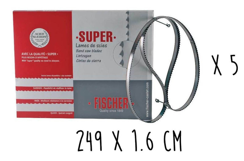 Boîte 5 lames dentées FISCHER Super acier suédois 249cm pour scie électrique à ruban largeur 16mm