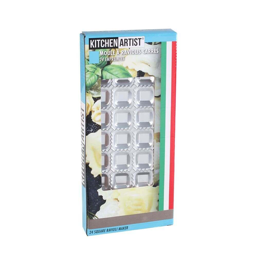 Moule à raviolis carrés 24 empreintes Kitchen Artist + mini rouleau à pâtisserie en bois