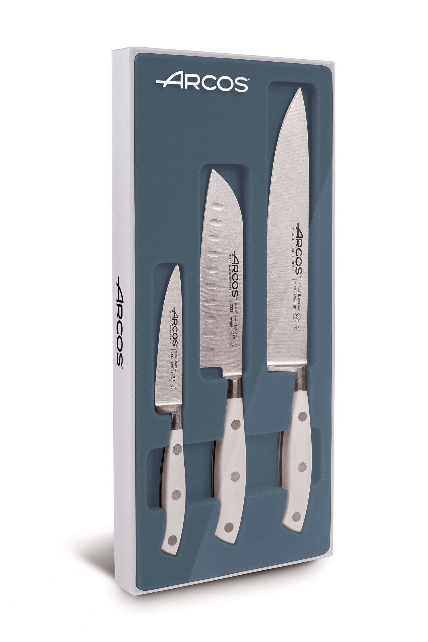 Coffret 3 couteaux Riviera White Arcos forgés (Chef+Santoku+Office)
