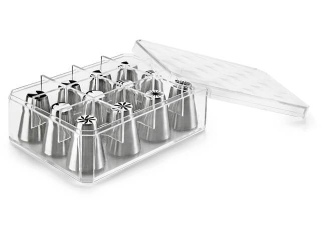 Boite de 12 douilles assorties tout inox décor floral