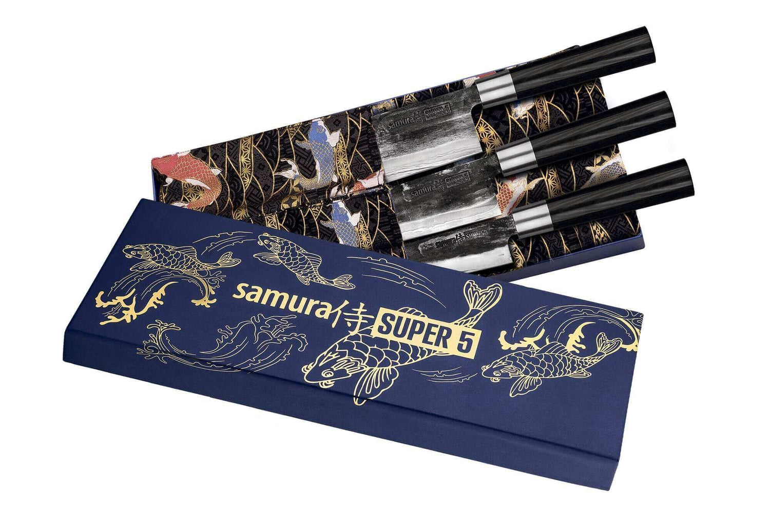 Coffret 3 couteaux Samura Super 5 damas : universel + santoku + nakiri