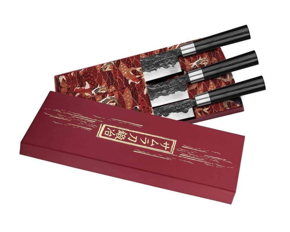 Coffret 3 couteaux Samura Blacksmith martelés : universel + santoku + nakiri
