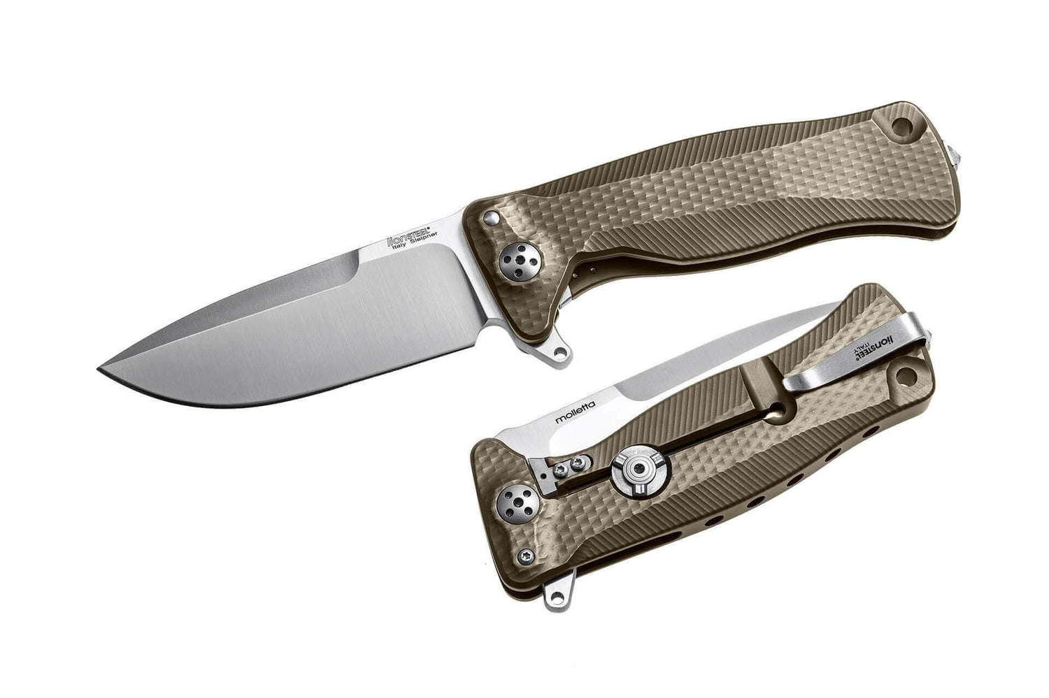 Couteau pliant LionSteel SR11 manche titanium 12cm pic brise-vitre + étui cuir - Bronze