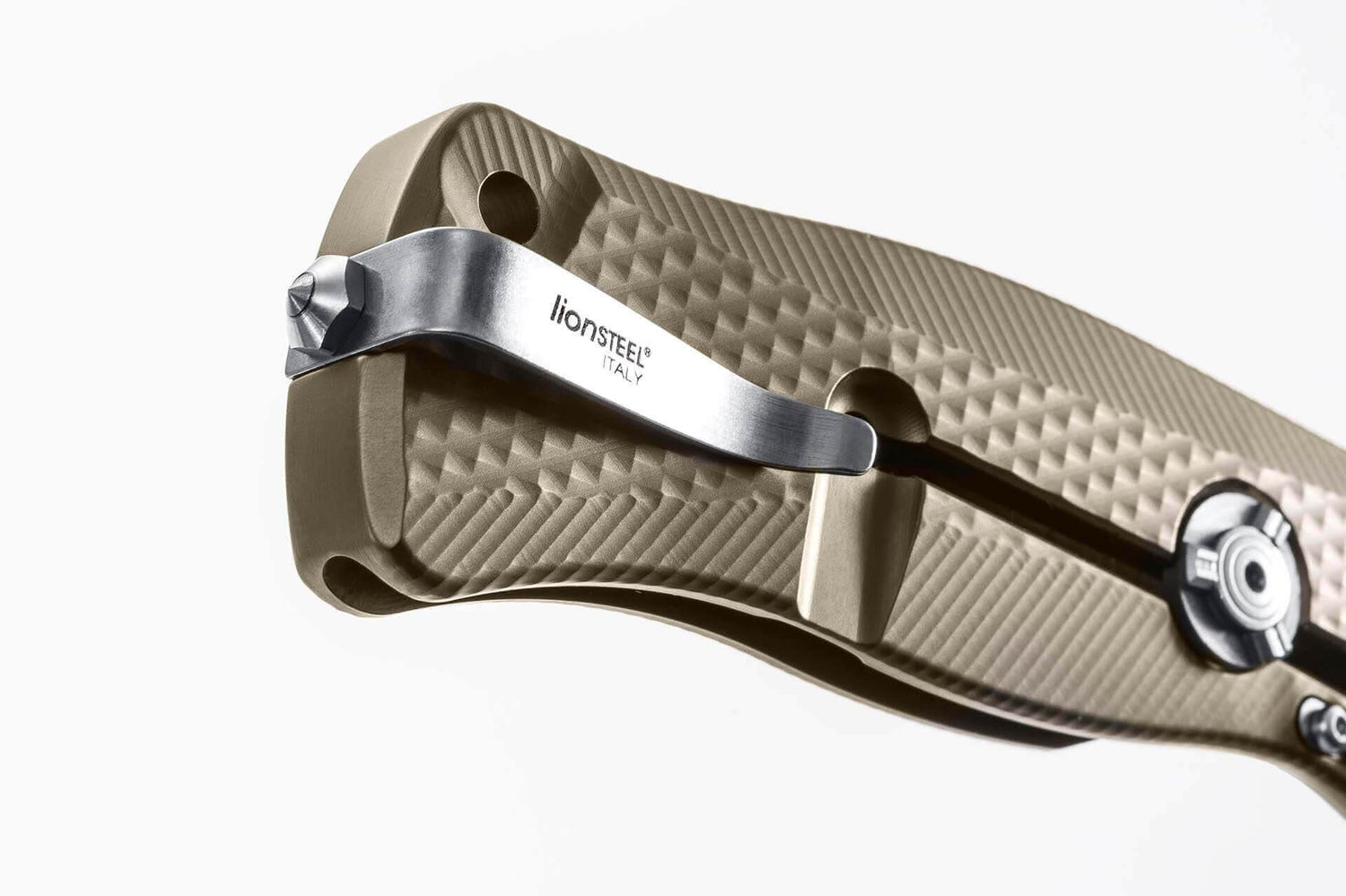 Couteau pliant LionSteel SR11 manche titanium 12cm pic brise-vitre + étui cuir - Bronze