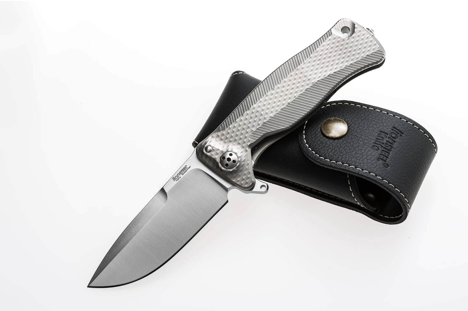 Couteau pliant LionSteel SR11 manche titanium 12cm pic brise-vitre + étui cuir - Gris