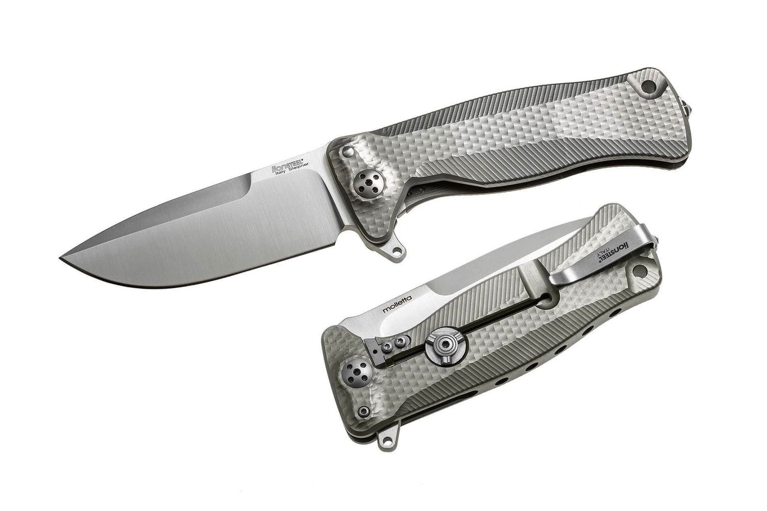 Couteau pliant LionSteel SR11 manche titanium 12cm pic brise-vitre + étui cuir - Gris