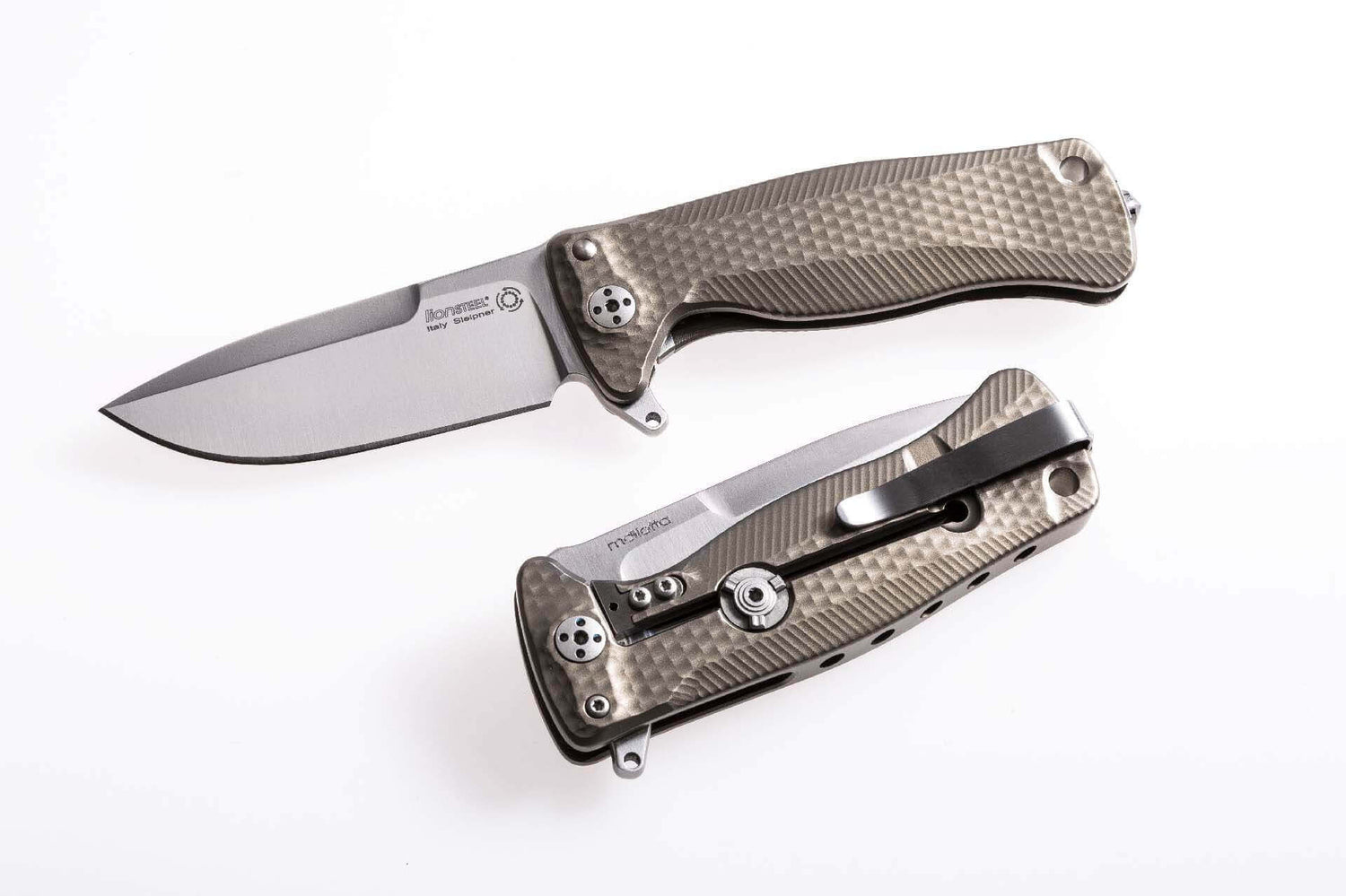 Couteau pliant LionSteel SR22 manche titanium 10cm pic brise-vitre - Bronze