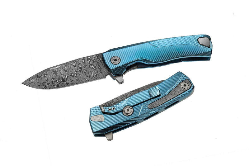 Couteau pliant LionSteel ROK damas manche titanium bleu 11cm