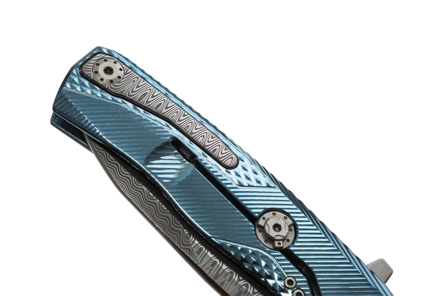 Couteau pliant LionSteel ROK damas manche titanium bleu 11cm