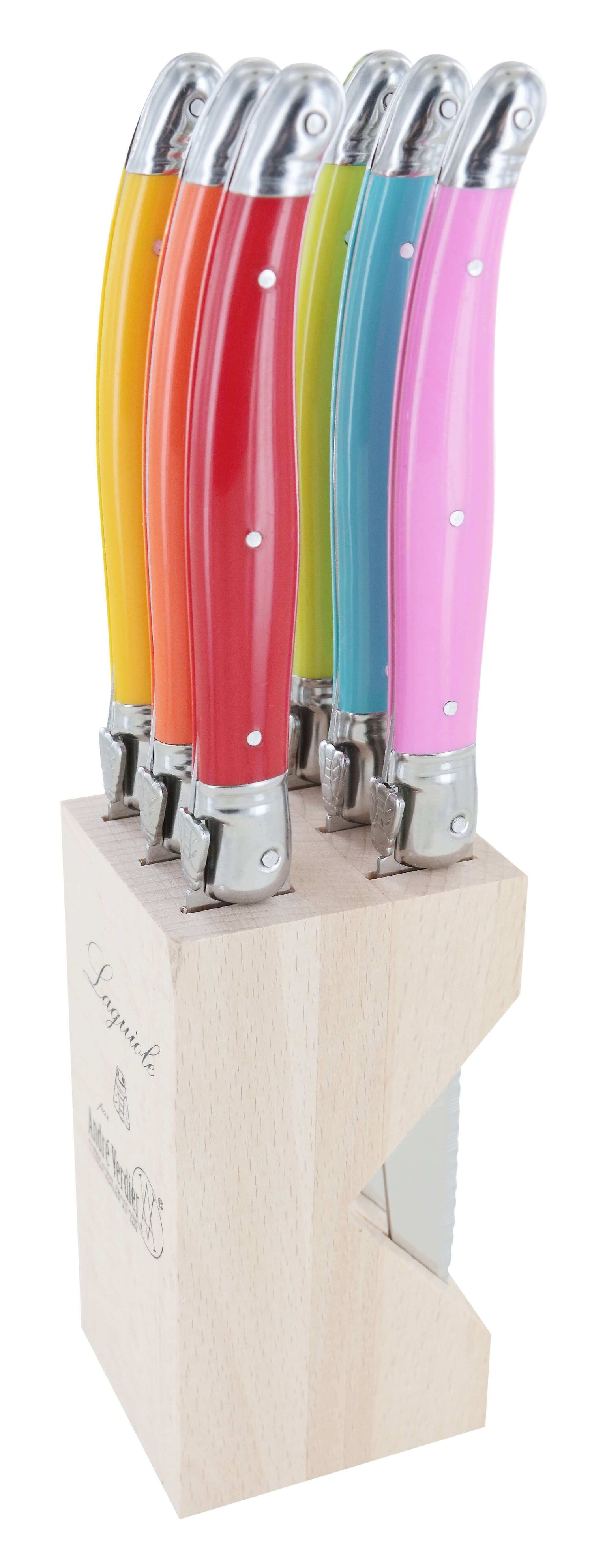 Bloc de 6 couteaux à steak microdentés Laguiole par André Verdier Printemps multicolore