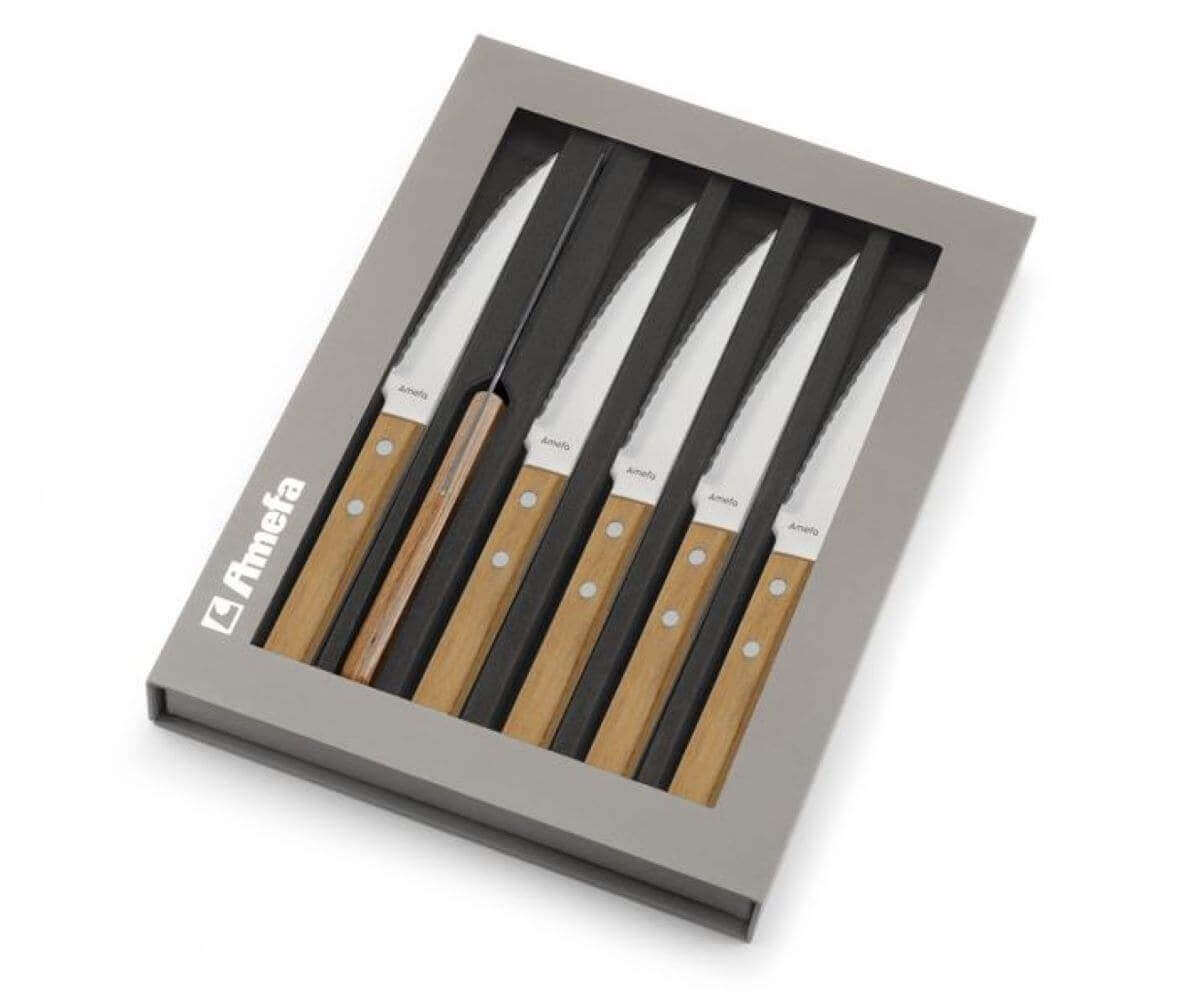Coffret de 6 couteaux Pizza Bois Amefa inox et pakka