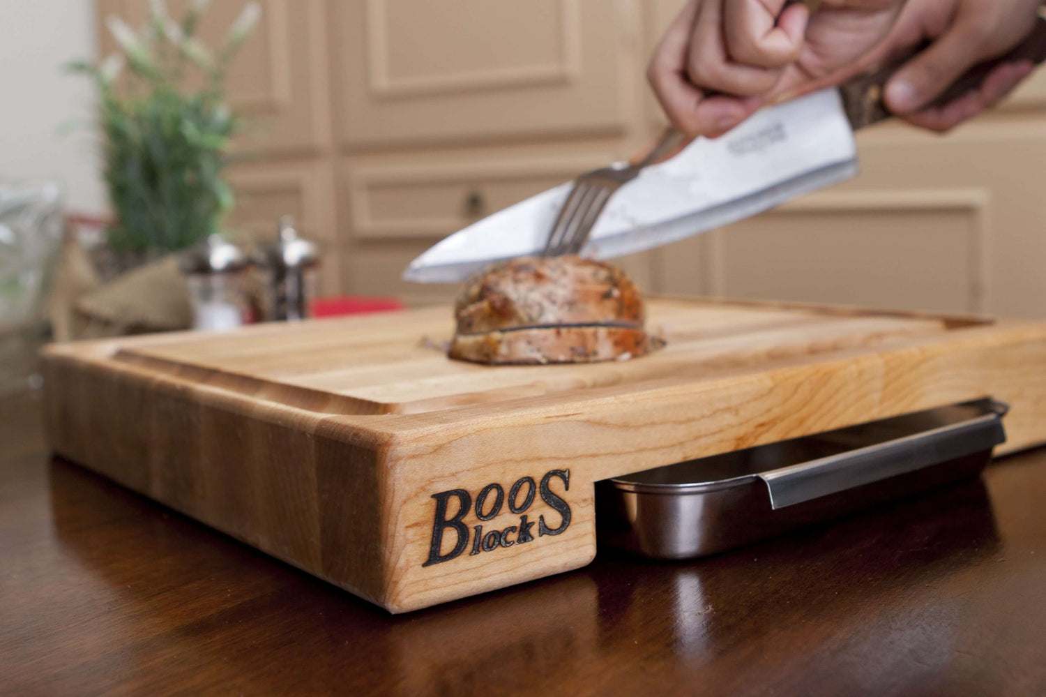 Planche Boos Blocks Prep Masters bois d'érable + plateau acier 38 x 36 x 6cm