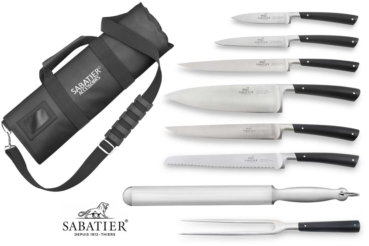 Mallette cuisinier Sabatier Edonist 6 couteaux fabrication française + 1 fourchette + 1 fusil