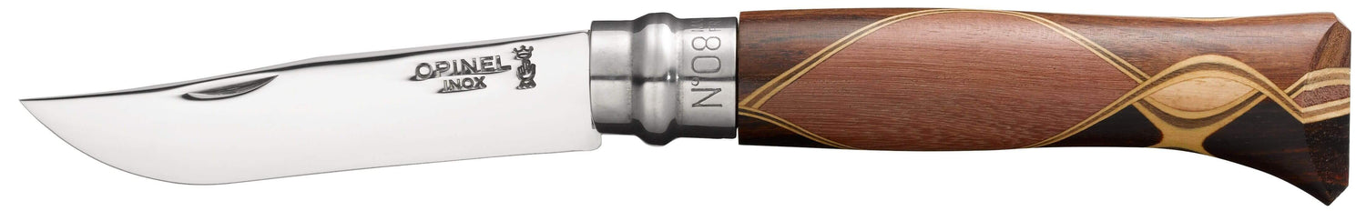 Couteau Opinel Chaperon n°8 lame 8,5cm manche 4 bois rares + coffret