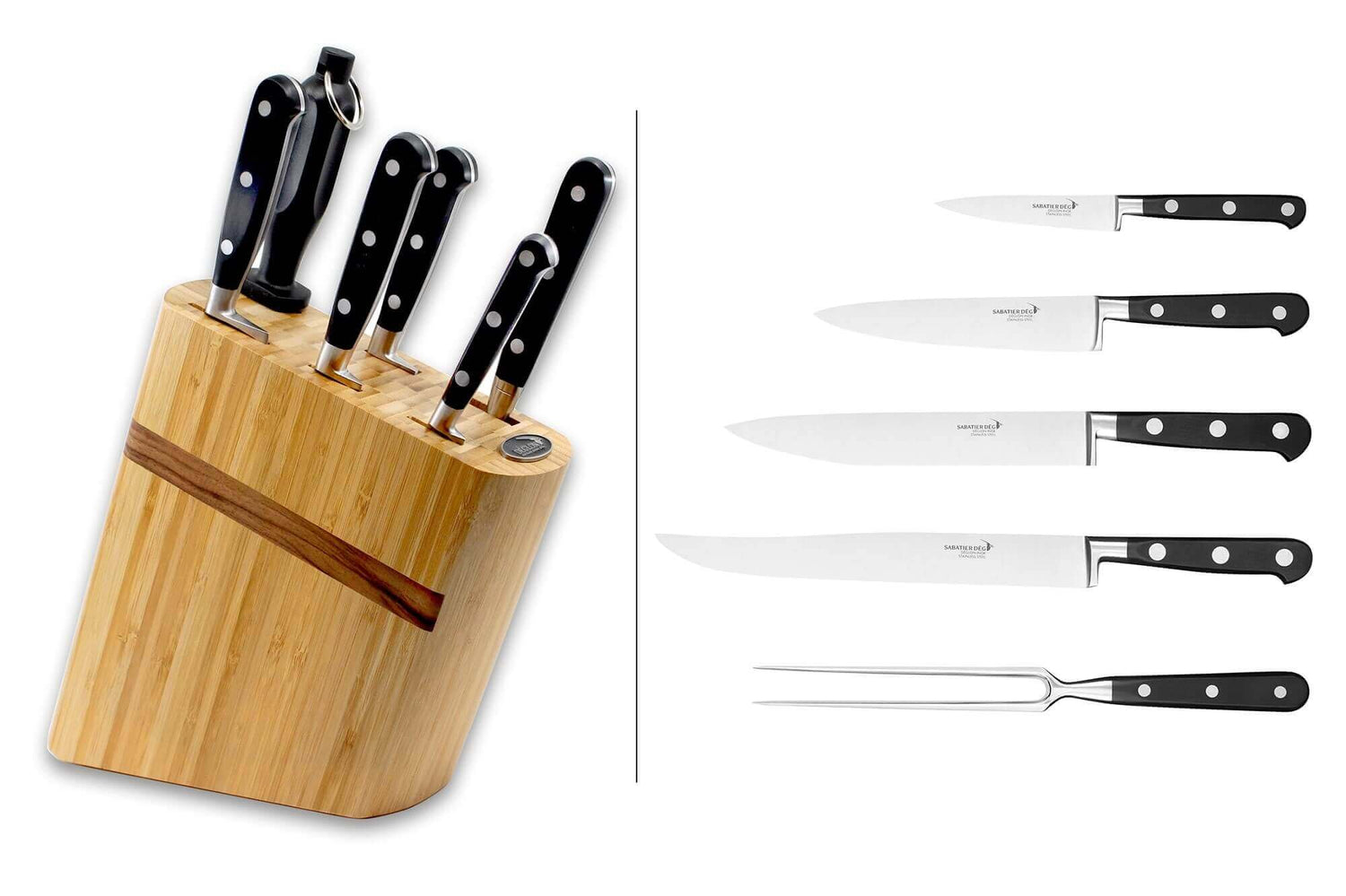 Bloc de 4 couteaux + 1 fusil + 1 fourchette Idéal Sabatier Déglon