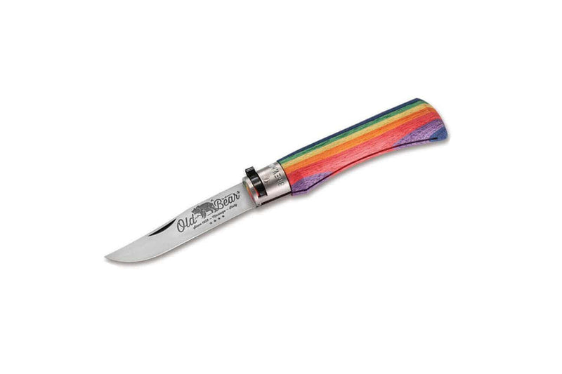 Couteau artisanal Old Bear Rainbow manche bois d'ayous stratifié arc-en-ciel - S