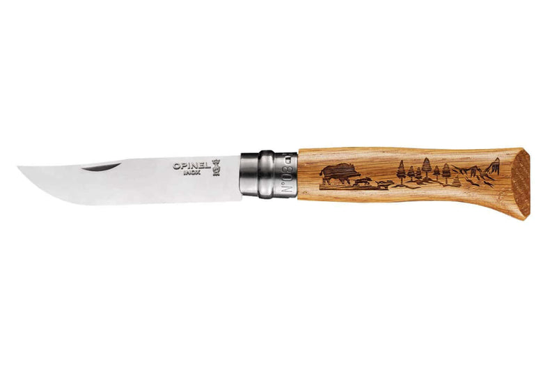Couteau Opinel Tradition Gravures Animalia n°8 lame 8,5cm manche chêne décor sangliers