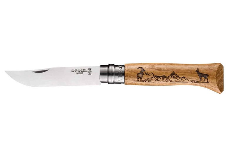 Couteau Opinel Tradition Gravures Animalia n°8 lame 8,5cm manche chêne décor chamois