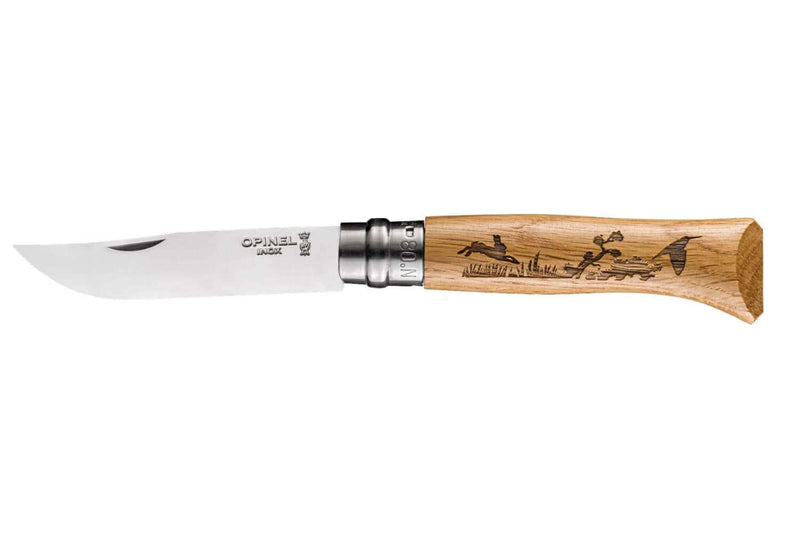 Couteau Opinel Tradition Gravures Animalia n°8 lame 8,5cm manche chêne décor lièvres