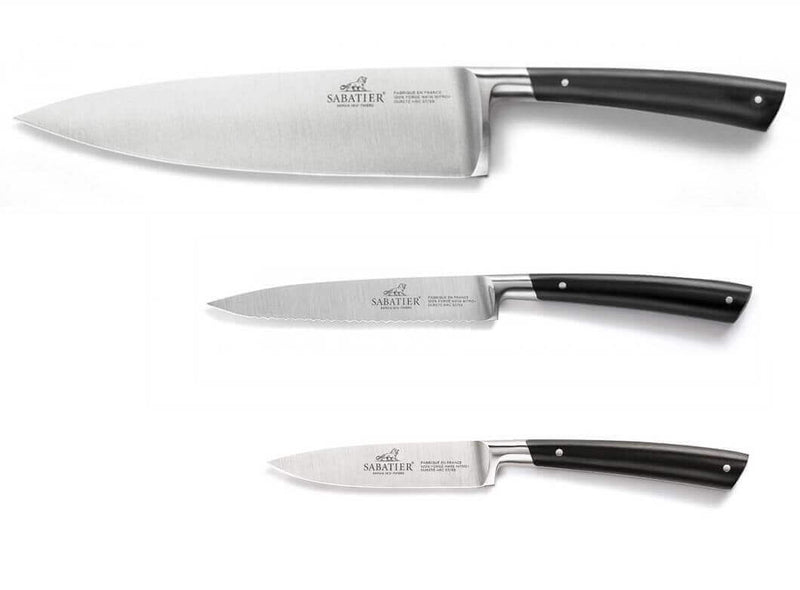 Coffret 3 couteaux forgés Sabatier Edonist acier inox manche noir