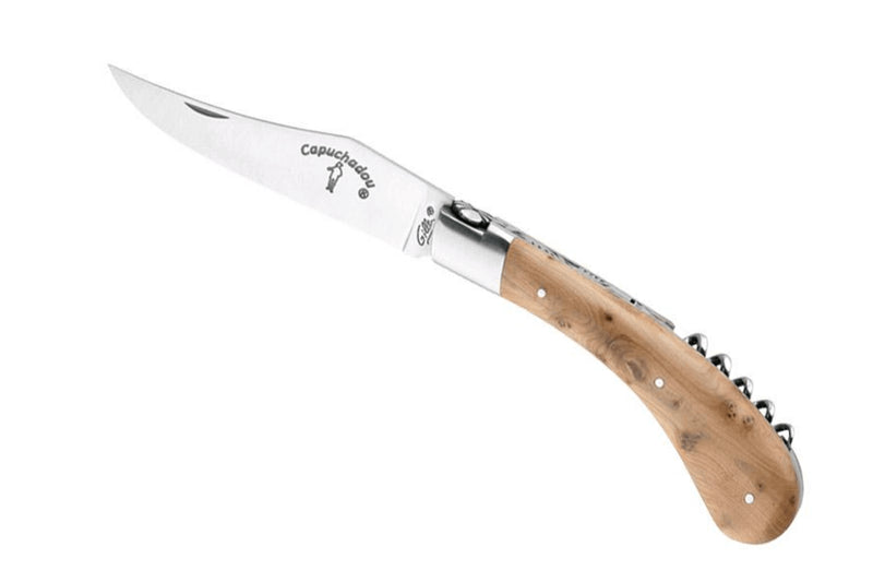 Couteau pliant artisanal Capuchadou acier sandvik genévrier 12cm + tire-bouchon
