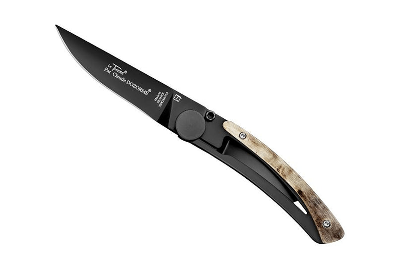 Couteau pliant Le Thiers Liner Lock Claude Dozorme acier noir corne de bélier 10,5cm