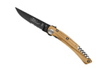 Couteau pliant lame noire dentée Le Thiers Liner Lock Claude Dozorme olivier 12,5cm