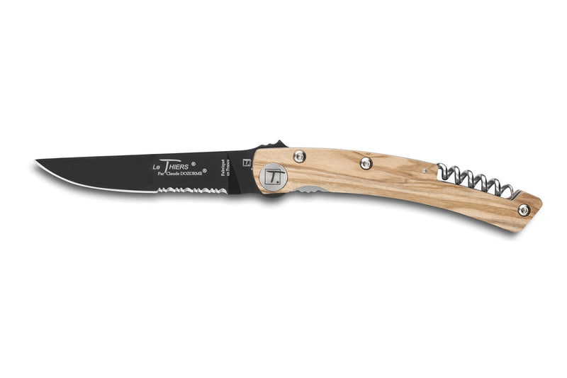 Couteau pliant lame noire dentée Le Thiers Liner Lock Claude Dozorme olivier 12,5cm