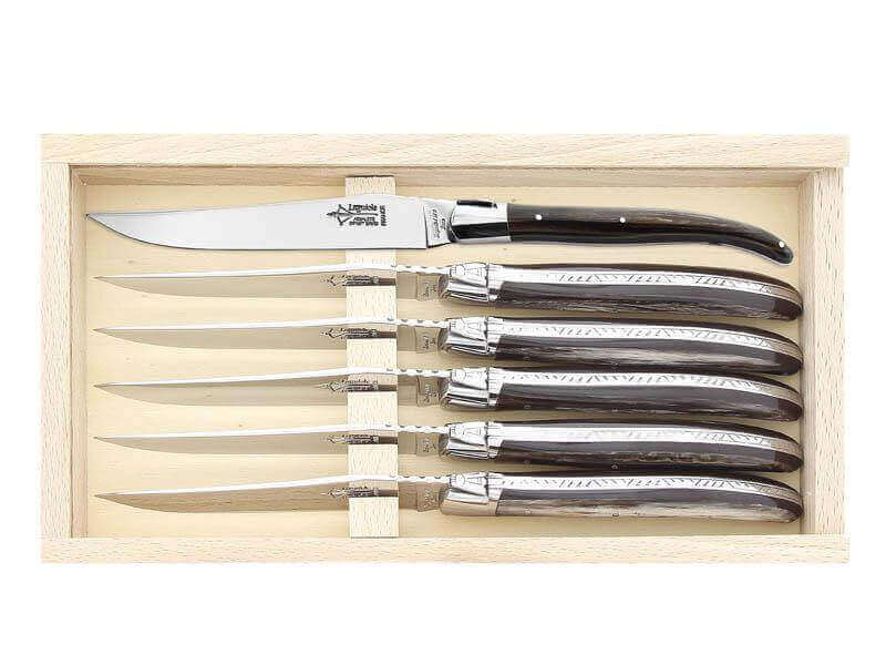 Coffret 6 couteaux Laguiole Arbalète G.DAVID 21cm inox manche façon corne noire mitre inox