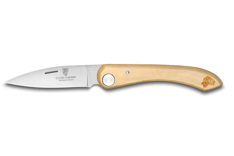 Couteau pliant capucin Claude Dozorme manche buis gravure truite 12,5cm