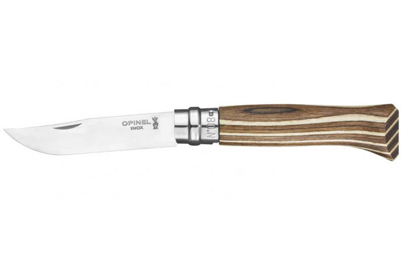 Couteau Opinel tradition n°8 lame acier inox 8,5cm virole tournante bouleau lamellé - Marron