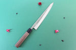 Couteau sujihiki japonais artisanal Wusaki Nakata BS2 24cm manche en noyer