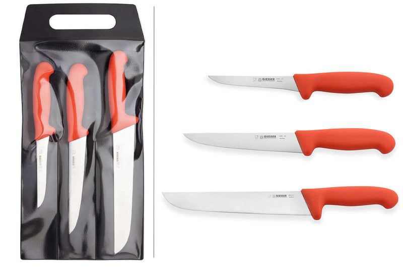 Set de 3 couteaux de boucher professionnels Giesser manche rouge
