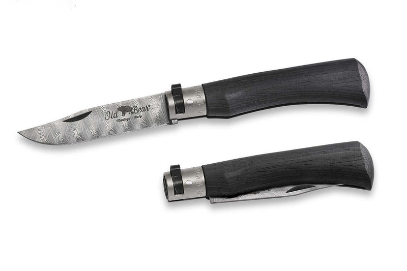 Couteau artisanal Old Bear damas M lame inox 8cm bois d'ayous stratifié avec virole