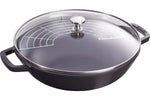 Wok en fonte Staub 30cm avec couvercle en verre + grille - Noir