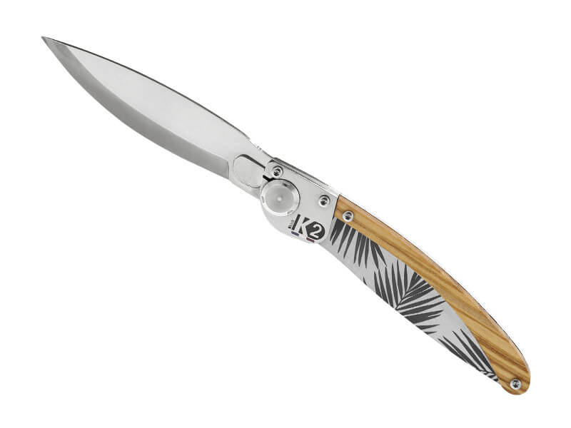 Couteau pliant K2.02M manche olivier et acier décor feuilles 11,5cm