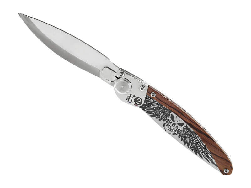 Couteau pliant K2.03M manche bois de violette et acier décor ailes de la mort 11,5cm