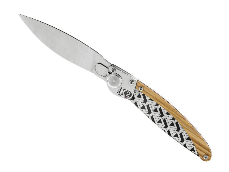 Couteau pliant K2.07M manche bois d'olivier et acier décor perspectives 11,5cm
