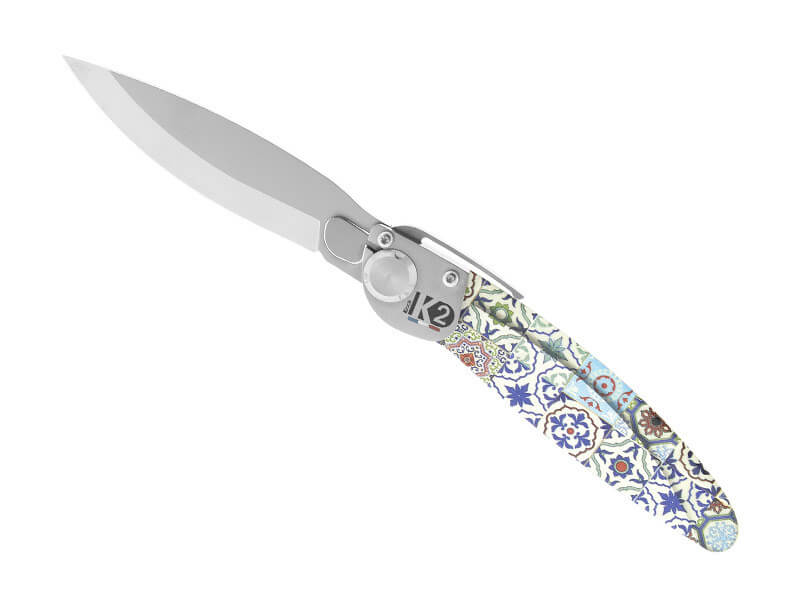 Couteau pliant K2.14M manche acier décor imprimé 3D faience 11,5cm